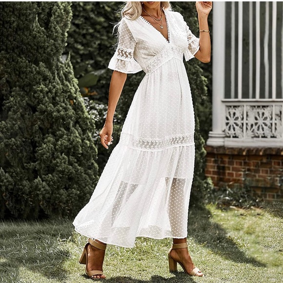 ✦Boho Long Elegant Lace Embroidered White Maxi Dress✦ - Picture 2 of 5